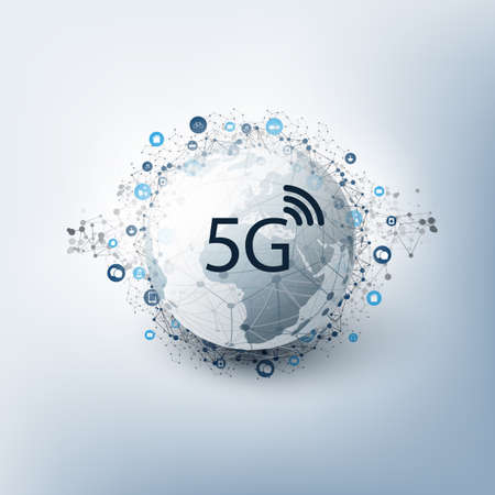 5G Network Label with Icons Representing Various Kind of Devices and Services - High Speed, Broadband Mobile Telecommunication and Wireless IoT Systems Design Conceptのイラスト素材