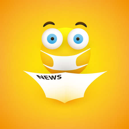 Surprising, Horrible News - Emoticon with Pop Out Eyes and Medical Mask Reads a Newspaper - Vector Designのイラスト素材