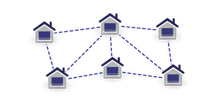 Home Offices - People Work at Home and Make Social Connections Through the Internet During the Coronavirus Pandemic - Design Concept with Symbolic Network of Houses, Computers Insideのイラスト素材