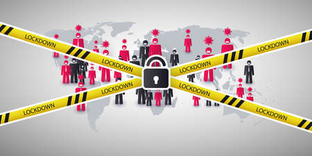 Lockdown Due to Global Pandemic - Vector Design Concept with Padlock and Cordoned Off People Around...