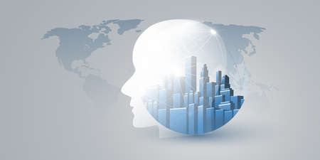 Smart City, Automated Digital Control, Deep Learning, Artificial Intelligence and Future Technology Concept Design with Cityscape Forming a Human Head, World Map - Vector Illustrationのイラスト素材
