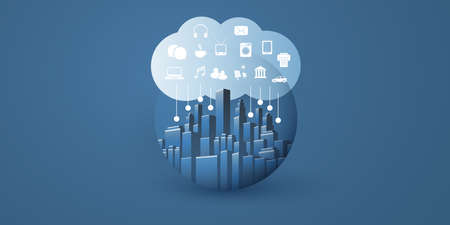 Smart City, Cloud Computing Design Concept with Icons, Transparent Globe, Cityscape and Cloud - Digital Network Connections, Technology Background - Monochrome, Retro Styleのイラスト素材