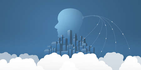 Smart City, Automated Digital Control, Deep Learning, Artificial Intelligence and Future Technology Concept Design with Cityscape, Human Head and Cloud - Vector Illustrationのイラスト素材