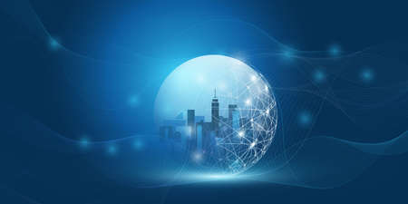 Smart City, Cloud Computing Design Concept with Transparent Globe and Wireframe - Digital Network Connections, Technology Backgroundのイラスト素材