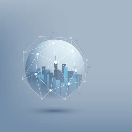 Smart City, Cloud Computing Design Concept with Wireframe Sphere - Digital Network Connections, Technology Backgroundのイラスト素材