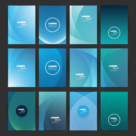 Mega Set of 12 Flyer, Card or Banner Designs with Abstract Blue and Green Colored Minimalist Geometric Pattern Backgrounds, Multi Purpose Templatesのイラスト素材
