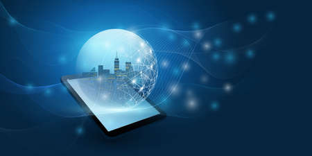 Futuristic Smart City, IoT and Cloud Computing Design Concept with Polygonal Mesh, Cluster and Nodes...
