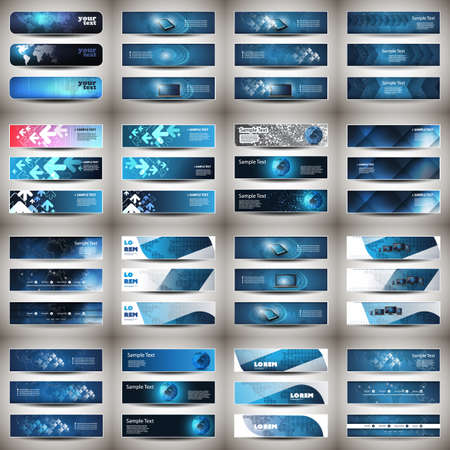Mega Set of 48 Business Header, Card or Banner Designs with Arrows, Icons on Blue Backgrounds, Multi Purpose Templatesのイラスト素材
