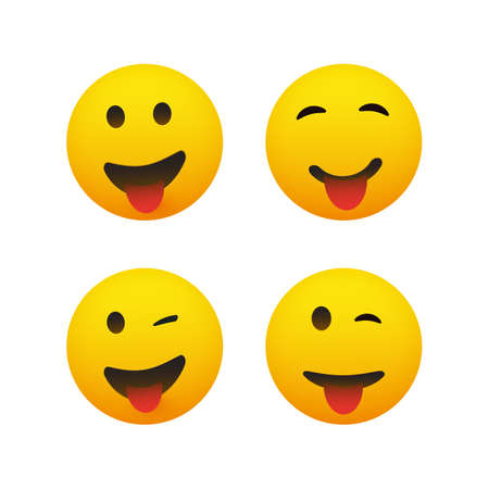 Set of Smiling and Winking Emoticons with Stuck Out Tongue - Simple Shiny Happy Emoticon Clip-Art, Isolated on White Background - Vector Designのイラスト素材
