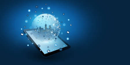 Futuristic Smart City, IoT and Cloud Computing Design Concept with Polygonal Mesh, Cluster and Nodes - Digital Network Connections, Technology Backgroundのイラスト素材