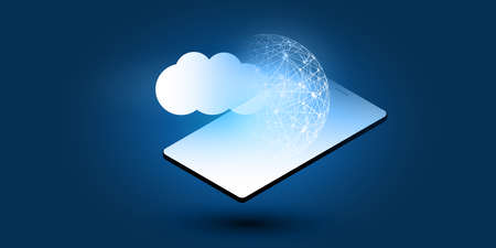 Futuristic Cloud Computing, Network Design Concept - Digital Connections, Technology Background with Polygonal Globe, Mobile Phone, Cloud and Geometric Network Meshのイラスト素材