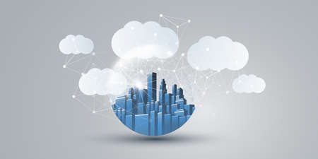 Smart City, Cloud Computing Design Concept with Transparent Globe and Cityscape - Urban Network...
