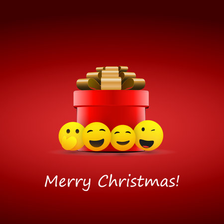 Merry Christmas! - Smiling Emoji with Various Facial Expressions and a Red Gift Box - Vector Designのイラスト素材