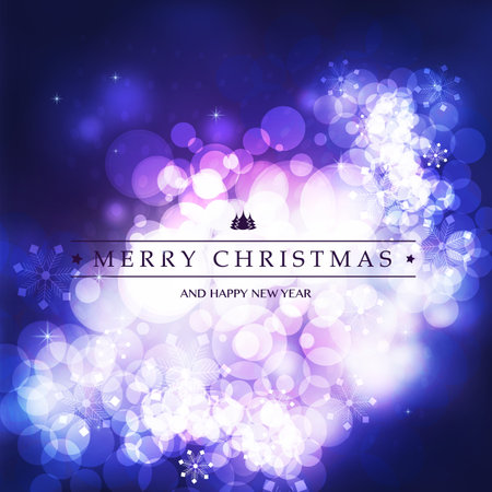 Purple Happy Holidays, Merry Christmas Greeting Card With Stars, Label, Christmas Tree on a Sparkling Blurred Backgroundのイラスト素材