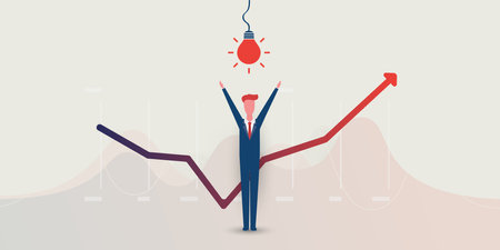 New Possibilities, Ideas, Hope, Dreams - Happy Business Man,  Arms Rised, Standing Under a Glowing Light Bulb - Business, Creativity Vector Conceptのイラスト素材