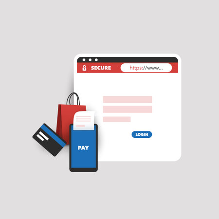 Safe Online Shopping During the Pandemic Using Smart Devices and Secure Websites - Business Design Concept, Vector Illustrationのイラスト素材