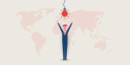 New Possibilities, Ideas, Hope, Dreams - Happy Business Man,  Arms Raised, Standing Under a Glowing Light Bulb - Business, Creativity Vector Conceptのイラスト素材