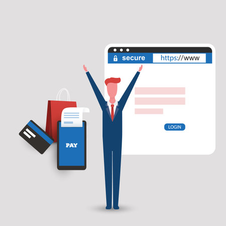 Safe Online Shopping During the Pandemic Using Smart Devices and Secure Websites - Business Design Concept, Vector Illustrationのイラスト素材