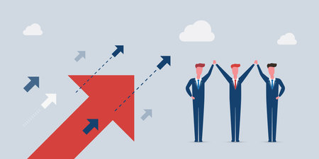 New Possibilities, Hope, Dreams - Business Achievements, Solutions Finding Concept - Team of Happy Businessmen Work Together for Financial Growth - Vector Designのイラスト素材