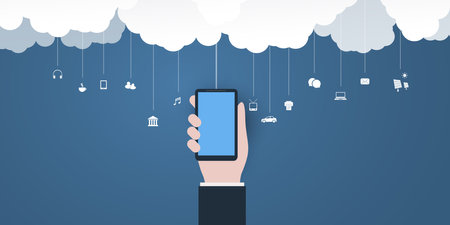 Abstract Blue Minimal Style Cloud Computing, Networks, Business Mobile Telecommunications Concept Design with Mobile Phone, Cloud Connected Icons Representing Various Services - Vector Illustrationのイラスト素材