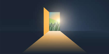 Let's Go Outside - Dark Room, Light Coming In Through an Open Door - New Possibilities, Hope, Overcome Problems, Solution Finding Concept, Background or Design Templateのイラスト素材