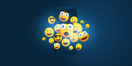 Lots of Happy Yellow Emoticons with Various Facial Expressions in Front of a Smartphone on a Dark Blue Background, Instant Messaging Concept Designのイラスト素材