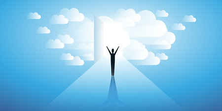 New Possibilities, Hope, Dreams - Business, Solutions Finding or Reaching Heaven Concept - Man Standing in Front of a Door in a Cloudy Sky with Bright Light at the End of the Roadのイラスト素材