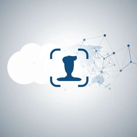 Face Recognition, Login, Facial User Authentication for Cloud, Website or an Online Service - Face Symbol on a Cloud and Polygonal Mesh - Illegal Surveillance, Privacy Concept, Vector Illustrationのイラスト素材