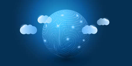 Abstract Blue Cloud Computing, Networks, Telecommunications Concept Design with Mesh, Glowing Clusters of Nodes Around a Globe - Vector Illustrationのイラスト素材