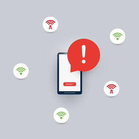 Unsafe Wireless Connections, Insecure Hacked Malicious Free Public Hotspots - Virus, Backdoor, Ransomware, Fraud, Spam, Phishing, Scam, Hacker Attack - Red Alert, IT Security Concept Designのイラスト素材