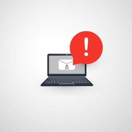 Alert of Infection by E-mail, Laptop Computer Notification, Warning, Important Message or Dangerous Infected Email - Vector Concept Design - Notebook Computer with Speech Bubble and Exclamation Markのイラスト素材