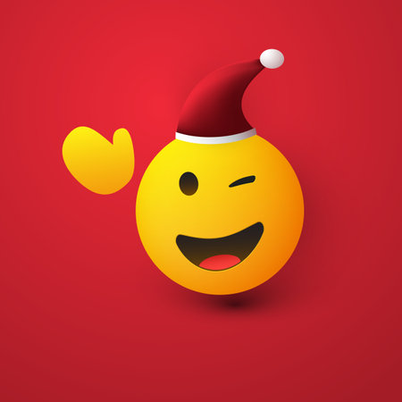 Merry Christmas! - Smiling and Winking Emoji with Red Santa Hat and Waving Hand - Simple Shiny Happy Emoticon on Red Background - Vector Designのイラスト素材