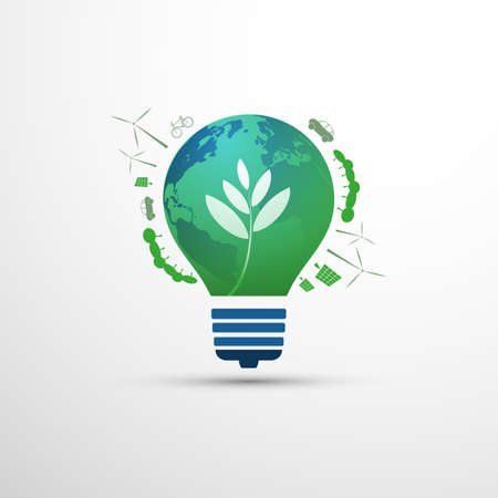 Green Eco Energy, Carbon Neutrality Concept Design with Symbols of Various Alternative Energy Solutions, Trees, Forest, Green Transportation - Earth Globe Inside of a Light Bulb  - Vector Designのイラスト素材