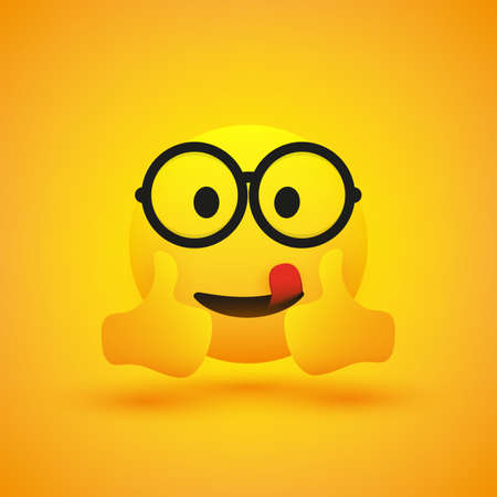 Positive, Smiling Satisfied Mouth Licking Nerd Emoji with Glasses Showing Double Thumbs Up on Yellow Background - Vector Symbol Design for Web and Instant Messaging Appsのイラスト素材