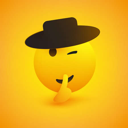Never Tell! - Winking, Shushing Face with Black Hat Gesturing - Finger on Lips, Make Silence Sign -  Emoticon for Social Media or Instant Messaging App on Yellow Background -Vector Design Illustrationのイラスト素材