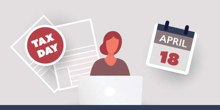 Tax Day Reminder Concept - Using Internet, App, Web Site for IRS Federal Income Tax Document Return - Woman Behind a Laptop - USA Tax Deadline, Due Date: 18th April 2022のイラスト素材