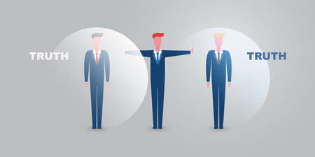 People in Their Own Information Bubble with Totally Different Opinions Debating, Beating the Air - A Moderator Between Them - Concept Design of Debate, Intellectual Isolation, One Sided Knowledgeのイラスト素材