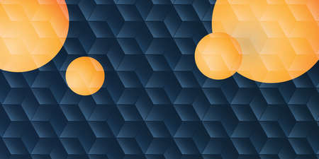 Orange Balls, Spheres on Dark Blue 3D Cubes Patterned Surface - Minimalist Editable Abstract...