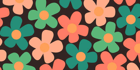 Colorful Flowers on Dark Background - Vintage Style Texture, Floral Pattern of Various Colors -...