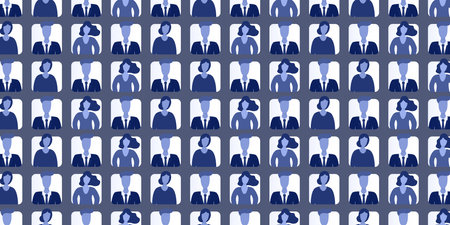 Lots of Blue User Avatars Texture, Mosaic Background with Rows of People, Face Symbols - Grid Pattern Design Applicable as a Base for Placards,Posters, Brochures,Front Pages,Presentations or Web Sitesのイラスト素材