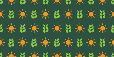 Lots of Suns and Green Plant Symbols of Various Sizes - Vintage Style Texture, Natural Pattern Background, Design Element in Editable Vector Formatのイラスト素材