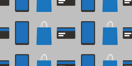 Mobile Payment, Online Shopping and E-Commerce Design Concept -  Background, Smart Phones, Credit Cards and Shopping Bags Pattern for Web Designs, Landing Page - Illustration in Editable Vector Formatのイラスト素材