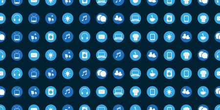 Lots of Simple Blue Retro Style Round Technology Icons Pattern on Dark Blue Background - Design Set,...