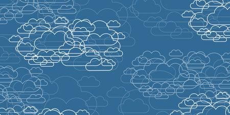 Clusters of White Round Overlaying Cloud Silhouettes, Outline Shapes Pattern, Design on Blue Background - Line Art Texture for IT, Web and Technology - Landing Page Template in Editable Vector Formatのイラスト素材