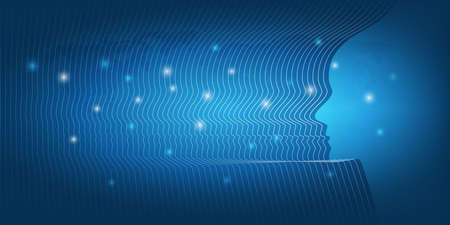 Dark Futuristic Abstract Machine Learning, Artificial Intelligence, Cloud Computing and Networks Design Concept with Human or Robot Silhouette, Wavy Patterned Face Profile,Glowing Network Nodes Aroundのイラスト素材