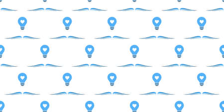 Seamless Rows of Simple Open Blue Books with Light Bulbs Above - Modern Style Texture on White...