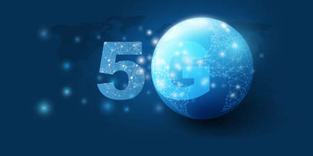 5G Network Label with Polygonal Mesh Patterned Continents of an Earth Globe - High Speed, Broadband Mobile Telecommunication and Wireless Internet Design, Cutting Edge Global Mobile Technology Conceptのイラスト素材