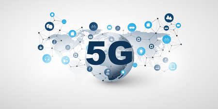 5G Network Label with World Map, Earth Globe, Icons and Network Mesh - High Speed Broadband Mobile...