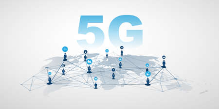Rising 5G Network Label with World Map, People, Icons and Network Mesh - High Speed Broadband Mobile...