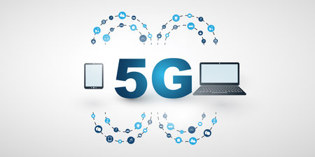 5G Network Label, Between Two Mobile Devices - Icons and Network Mesh - High Speed Broadband Mobile...